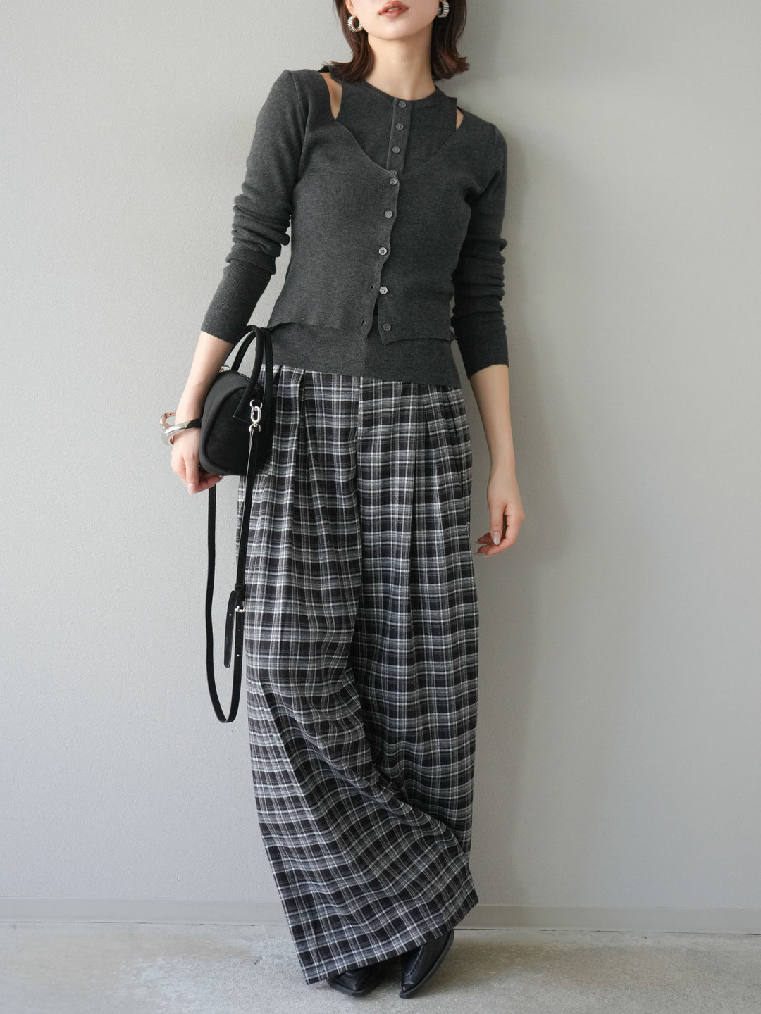 [予約]レイヤードデザインニットカーディガン/チャコール