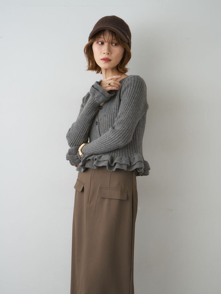 [SET]アルパカタッチフリルカーディガン+クレープデシンフラップ付きストレートスカート(2set)