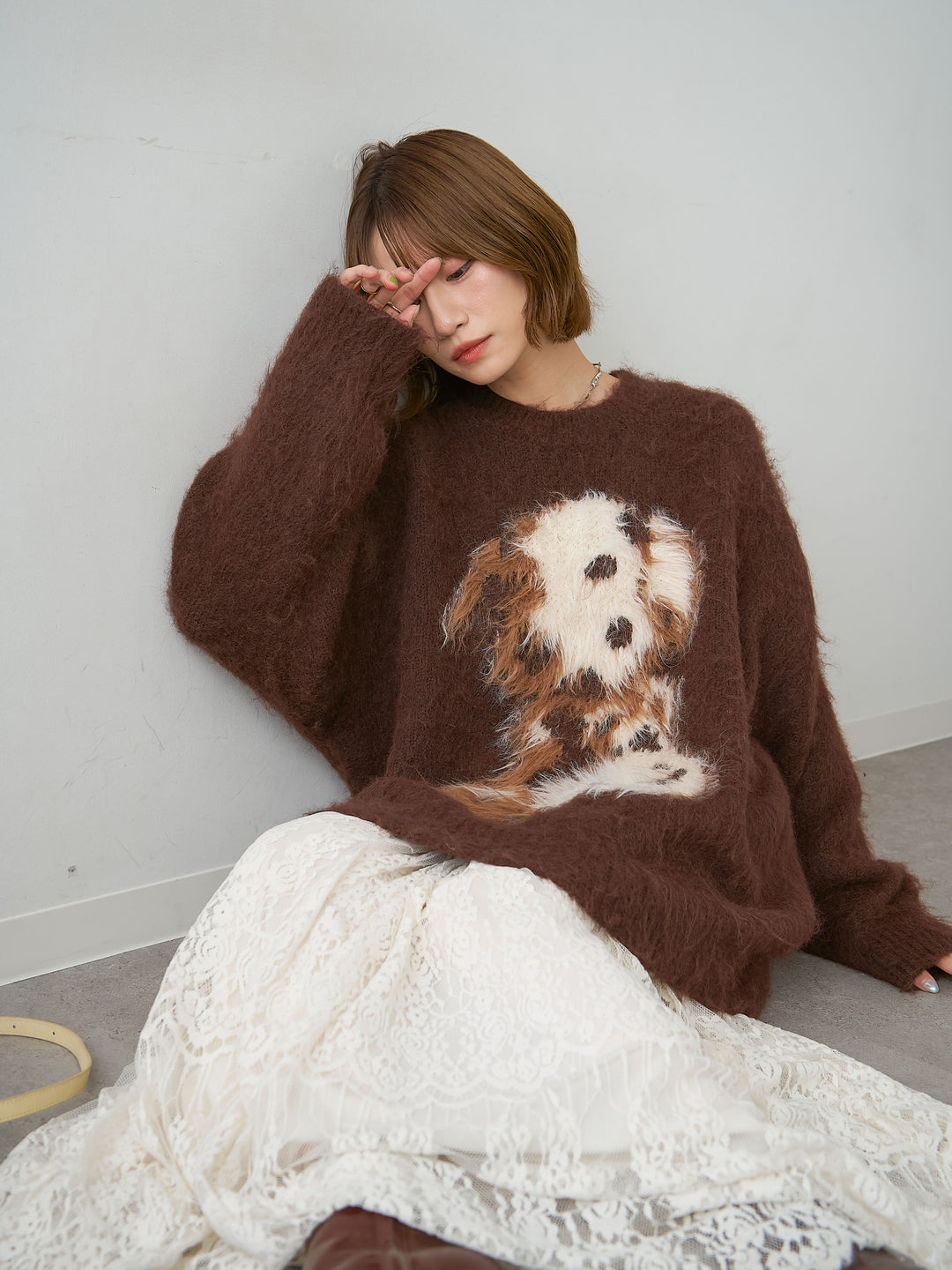 [予約]シャギードッグモチーフニットトップス/brown