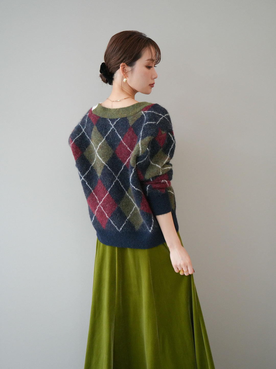 [予約]配色アーガイル柄ニットカーディガン/green