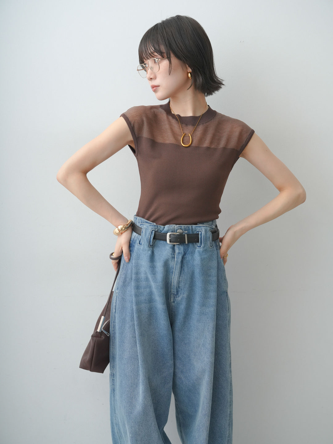 [予約]シアー切替ニットトップス/brown