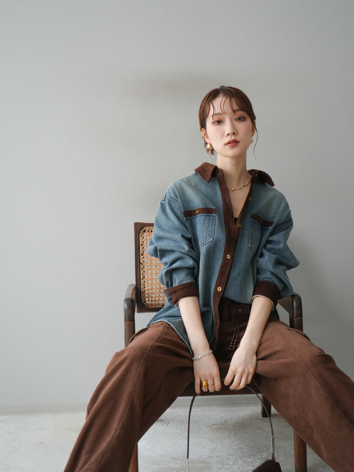 [予約]裏起毛コーデュロイ襟デニムシャツジャケット/ blue