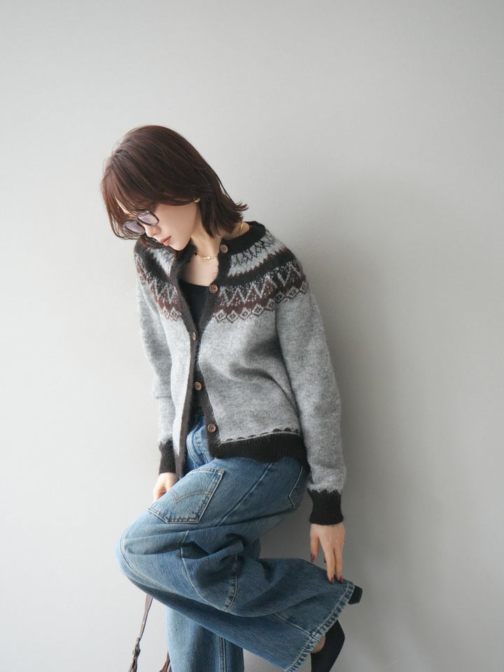 [SET]ノルディック柄ニットカーディガン+ペインターカーブデニムパンツ(2set)