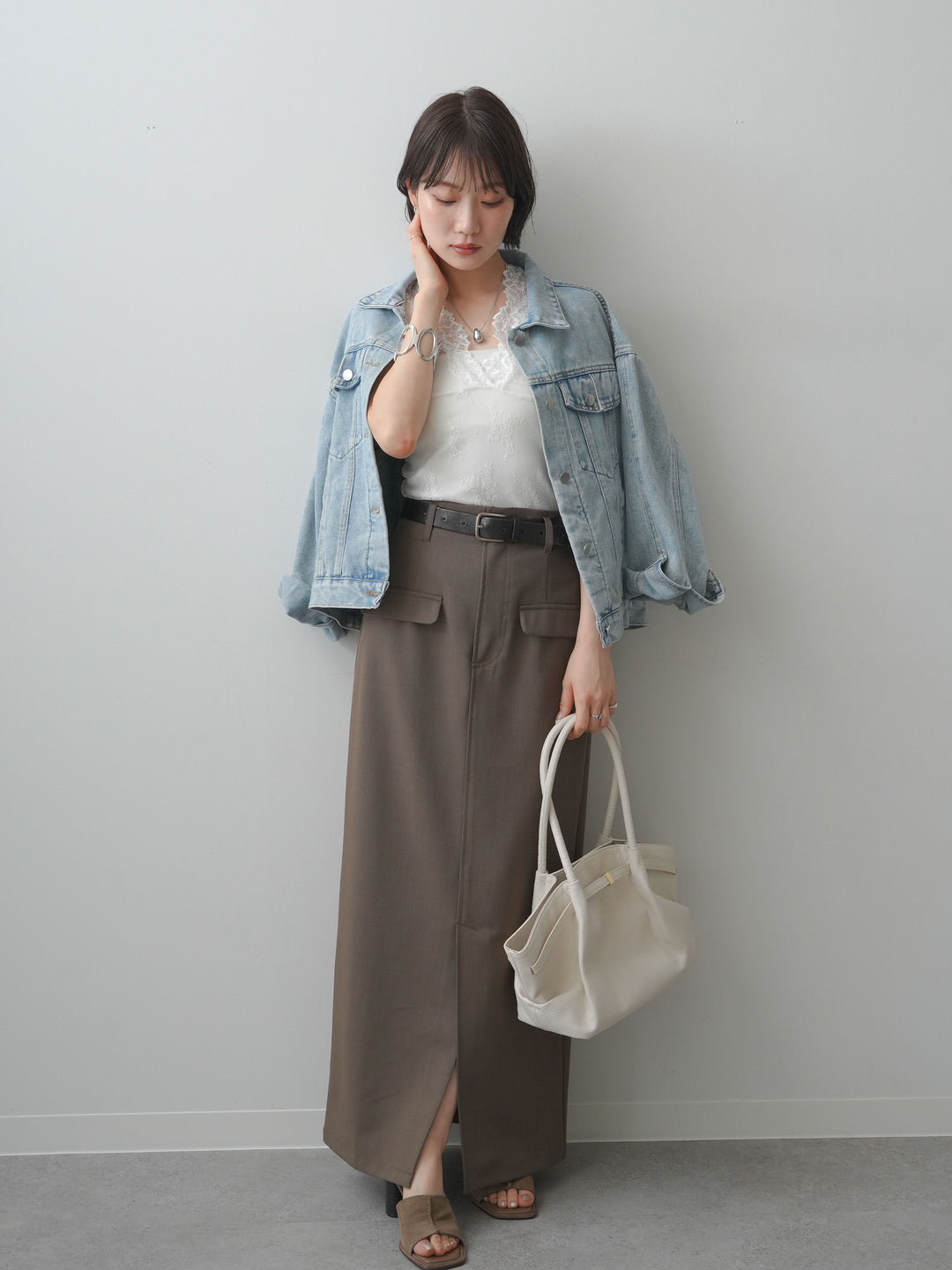 [SET]フラップデザインデニムジャケット+クレープデシンフラップ付きストレートスカート(2set)