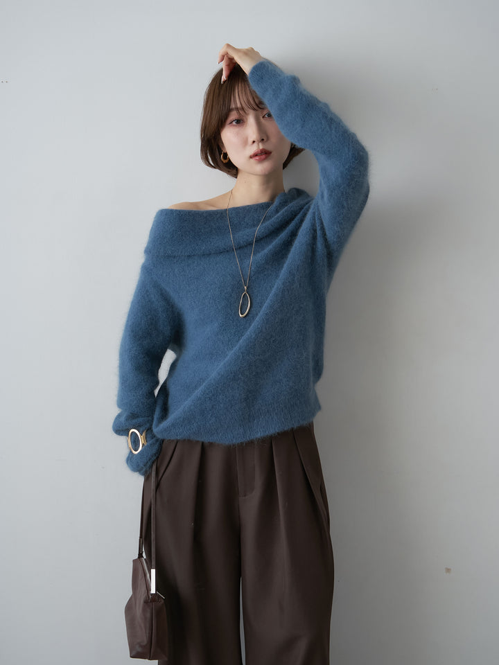 [SET]オフショルソフトシャギーニットトップス+ツイルタックワイドパンツ(2set)