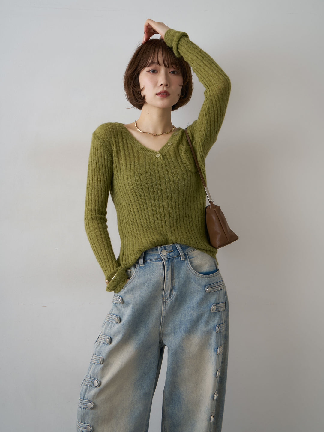 [SET]ネックボタンスリムリブVニットトップス+ネックボタンスリムリブVニットトップス(2set)