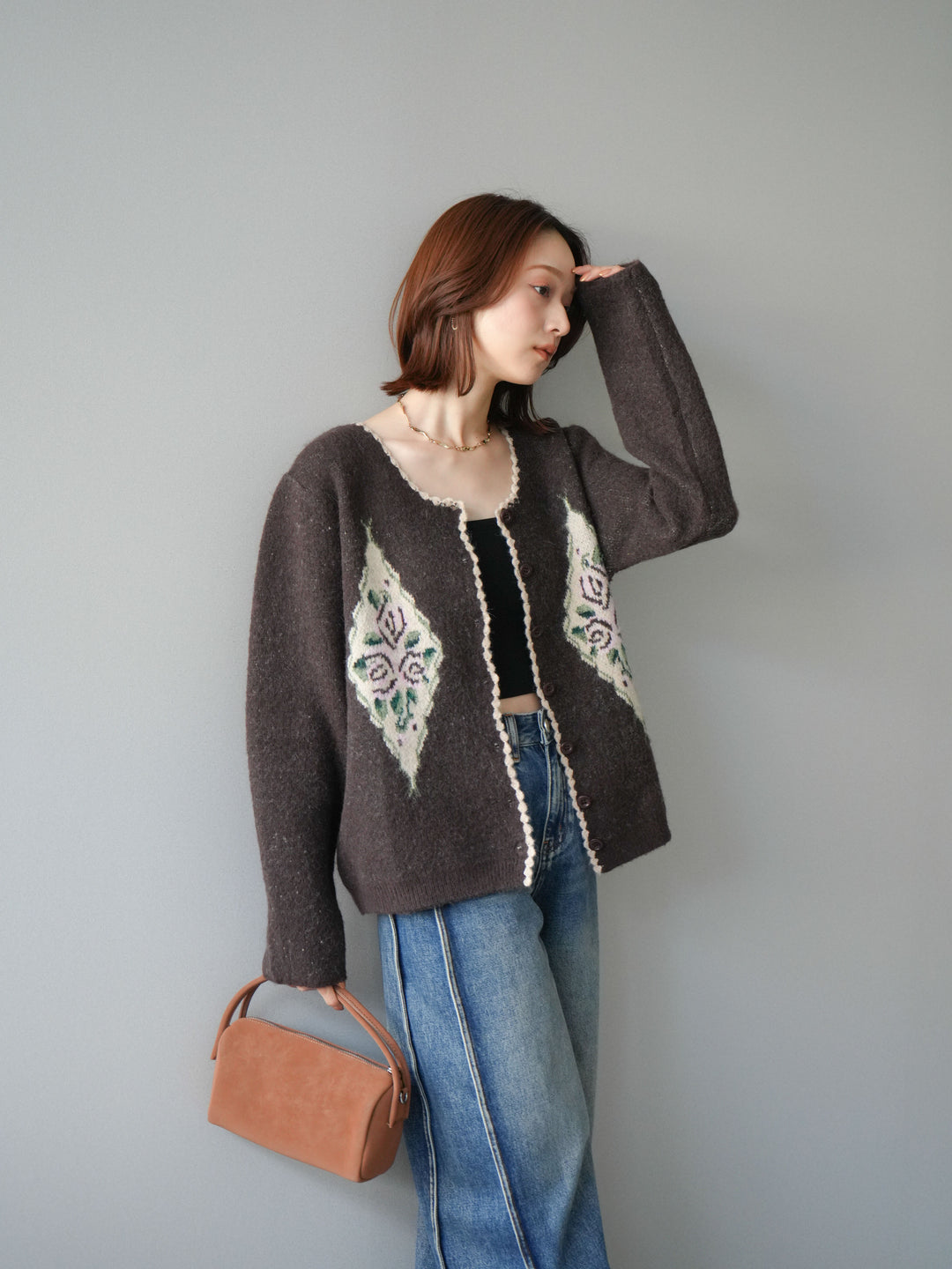 [予約]アンティークフラワージャガードニットカーディガン/brown