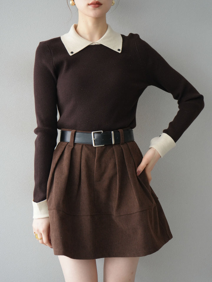 [予約]ニットカフス襟付き配色リブニットトップス/brown