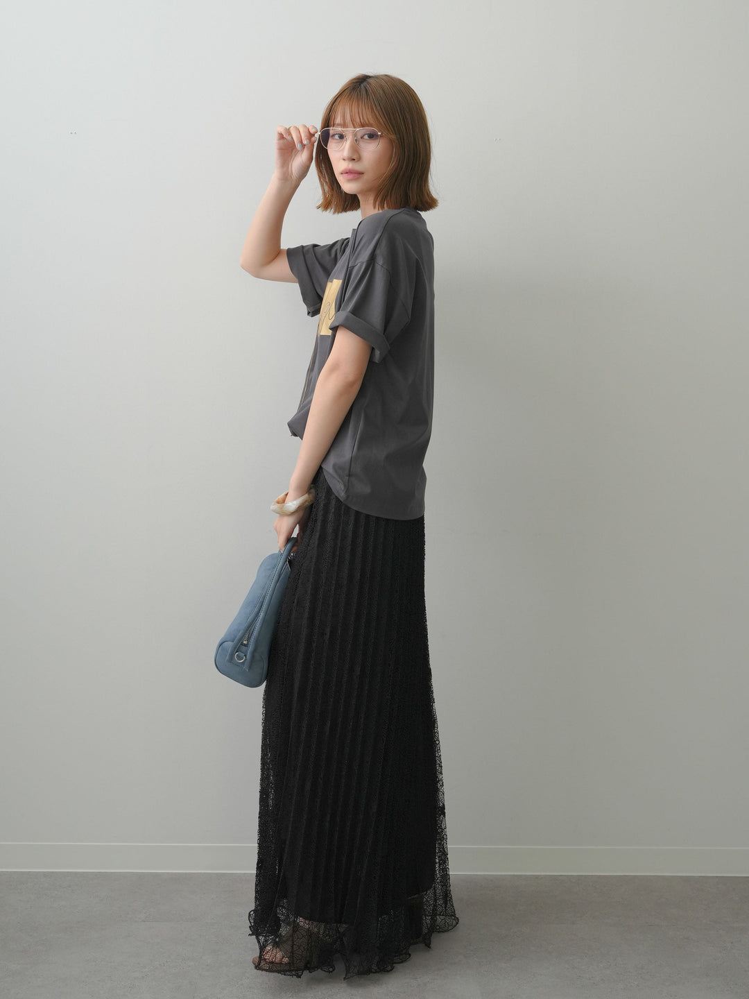 [SET]箔プリントボックスTEE+フローラルレースプリーツスカート(2set)