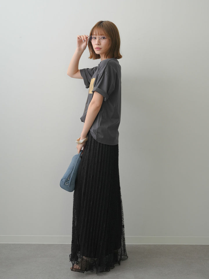 [SET]箔プリントボックスTEE+フローラルレースプリーツスカート(2set)