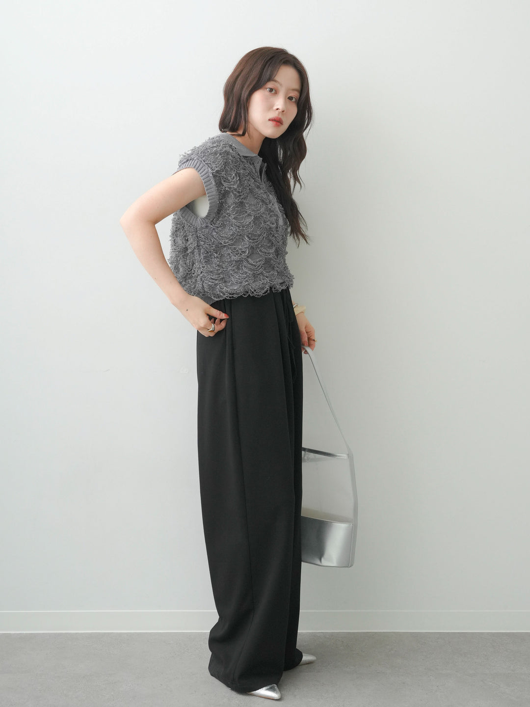 [SET]チョウチョヤーンフレンチポロニット+リラックスドレープスウェットパンツ(2set)
