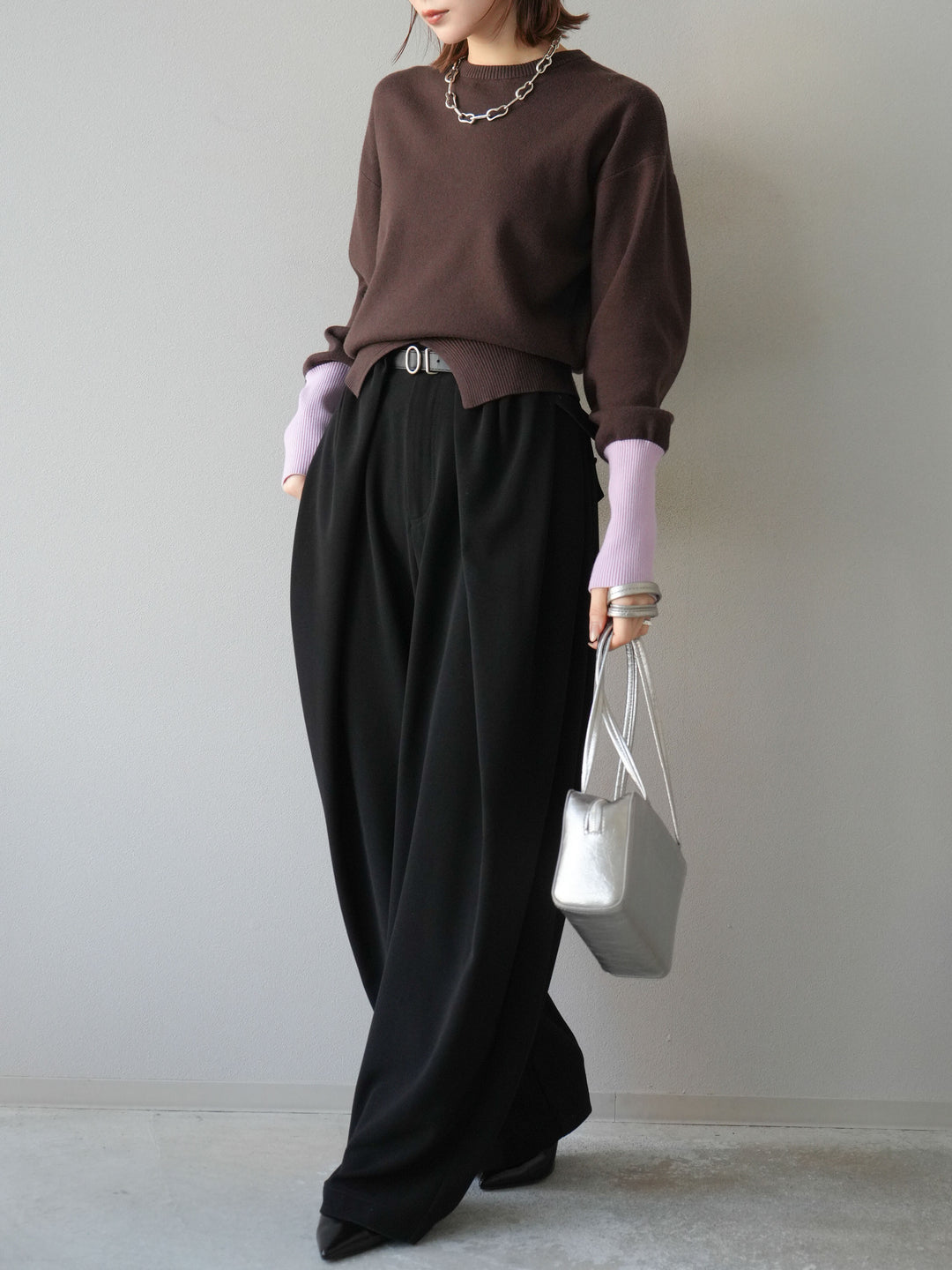 [予約]ベルト付タックワイドパンツ/ブラック