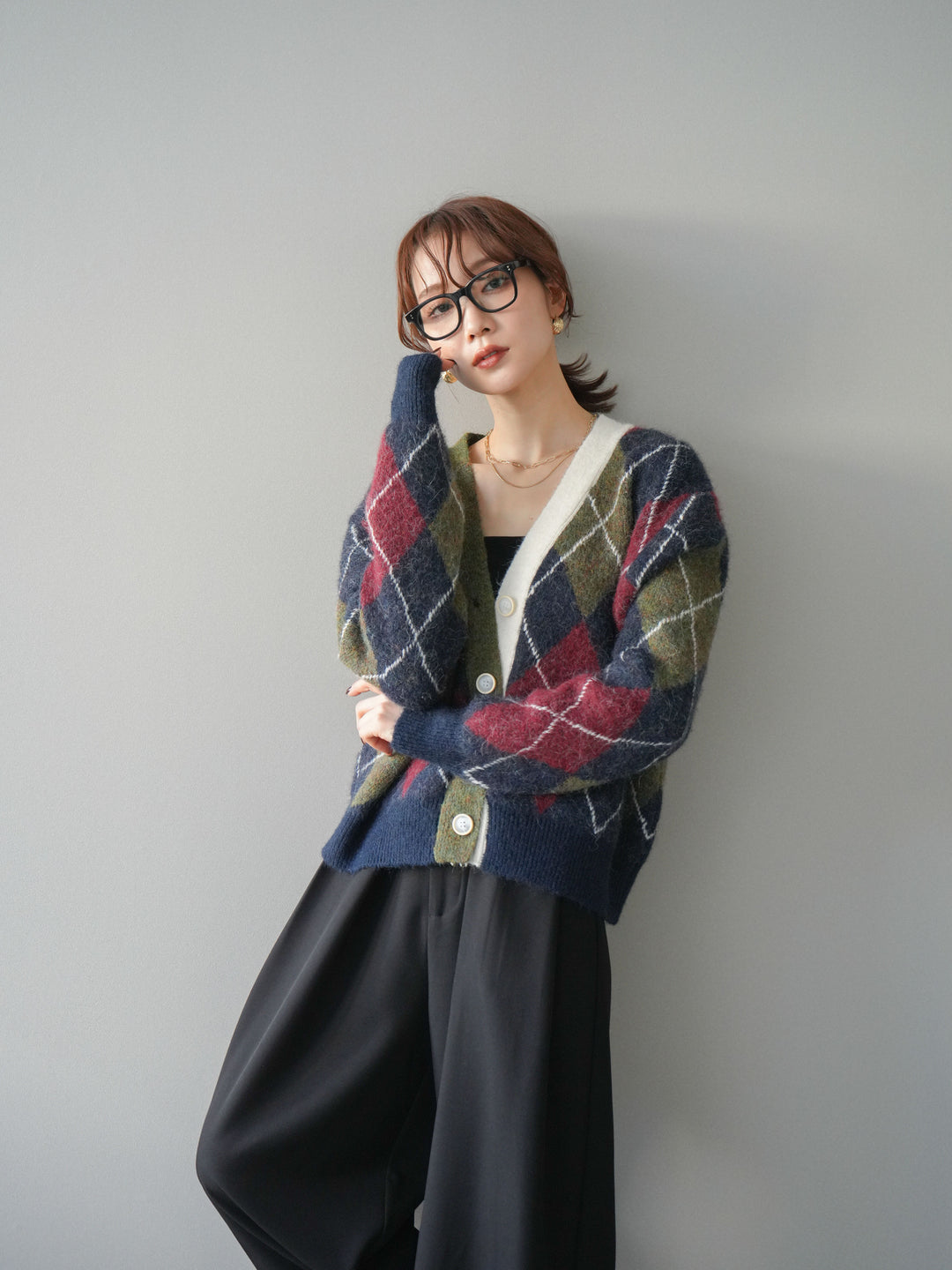 [予約]配色アーガイル柄ニットカーディガン/green