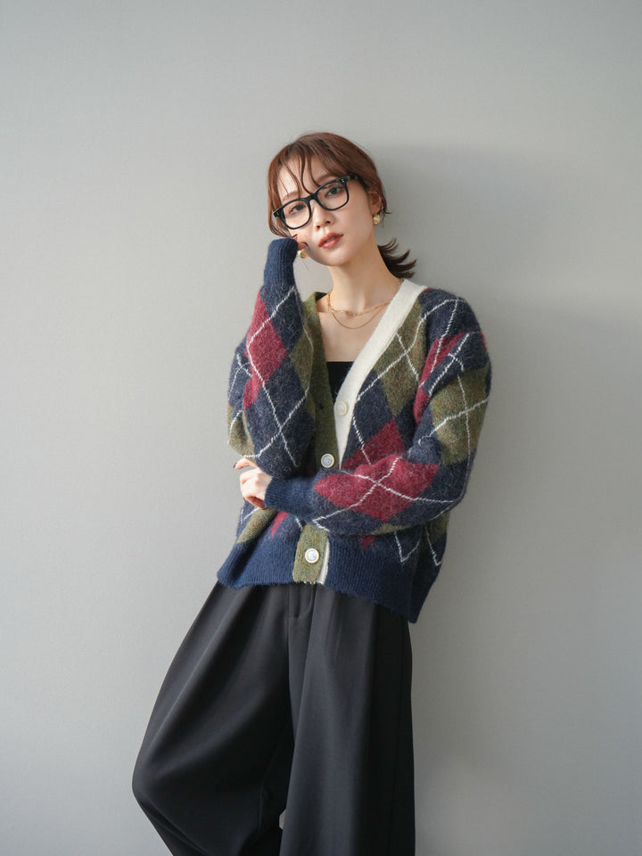 [予約]配色アーガイル柄ニットカーディガン/green