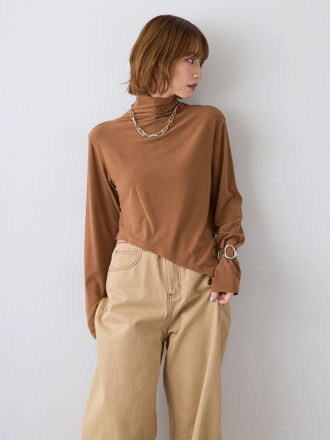 [SET]モックネックアシメヘムトップス+カラーステッチワイドパンツ(2set)