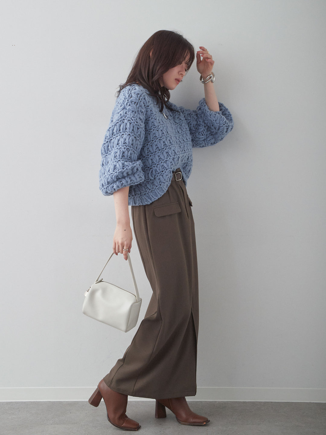 [SET]ループクロップニットトップス+クレープデシンフラップ付きストレートスカート(2set)