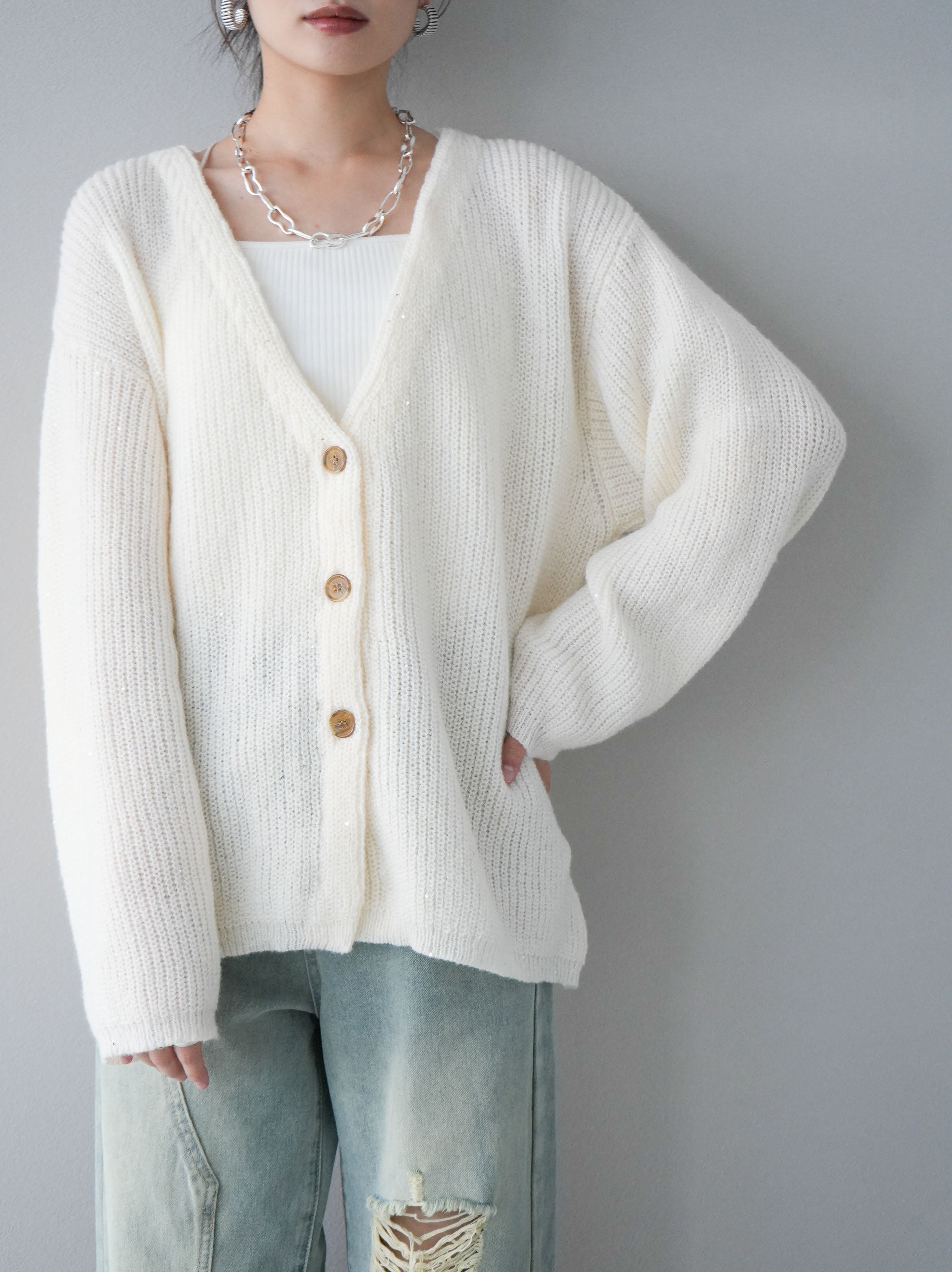 amuamu knits 手編み ニットカーディガン ラメ アムアム　カーデ 予約]あぜ編みラメニットカーディガン/アイボリー – Lumier