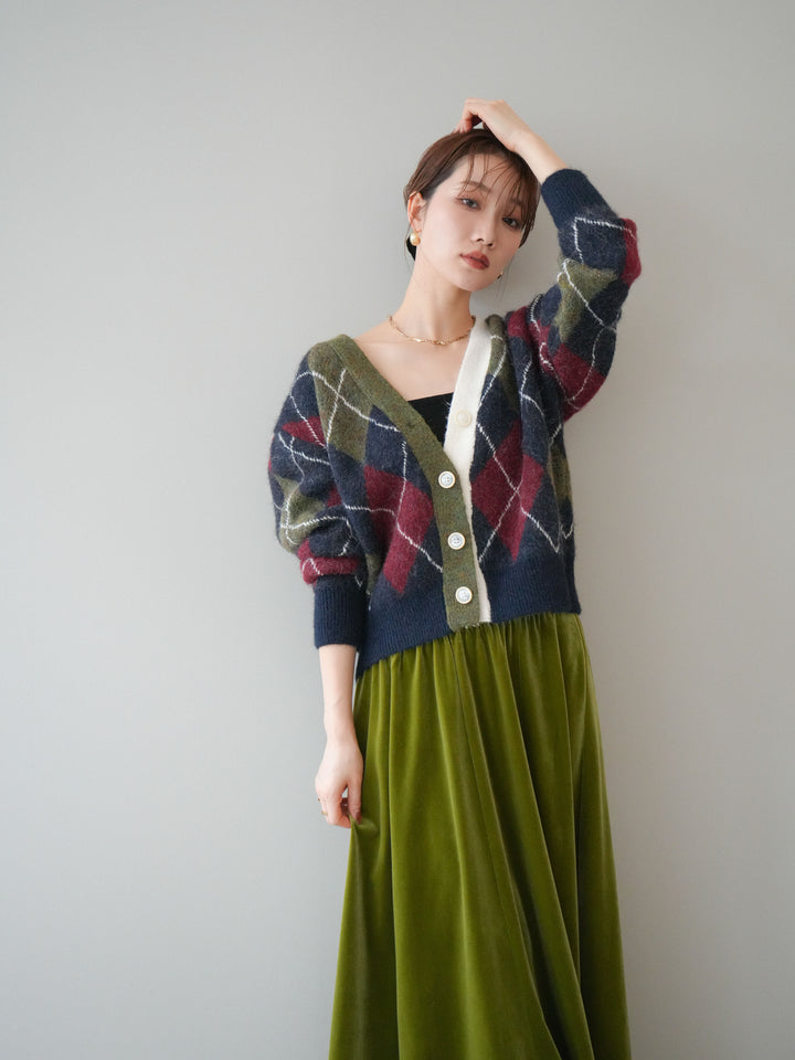 [予約]配色アーガイル柄ニットカーディガン/green