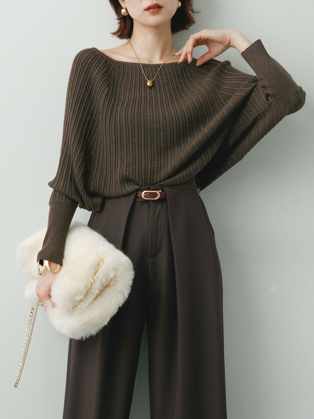 [予約]ワイドネックリブクロップニットトップス/brown