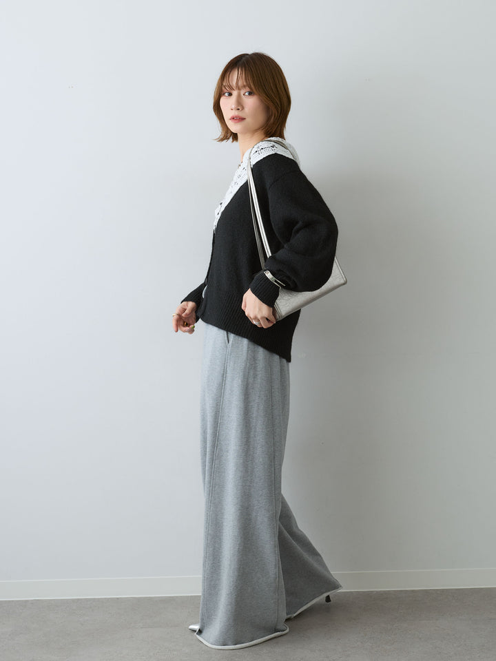 [SET]モヘアレースショールカラーカーディガン+カットオフスウェットワイドパンツ(2set)