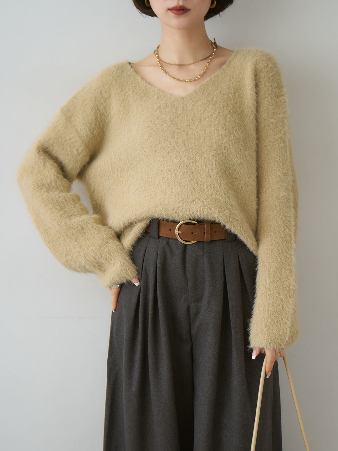 [SET]シャギーVネックニットトップス+ダブルタックドレープストレートワイドパンツ(2set)