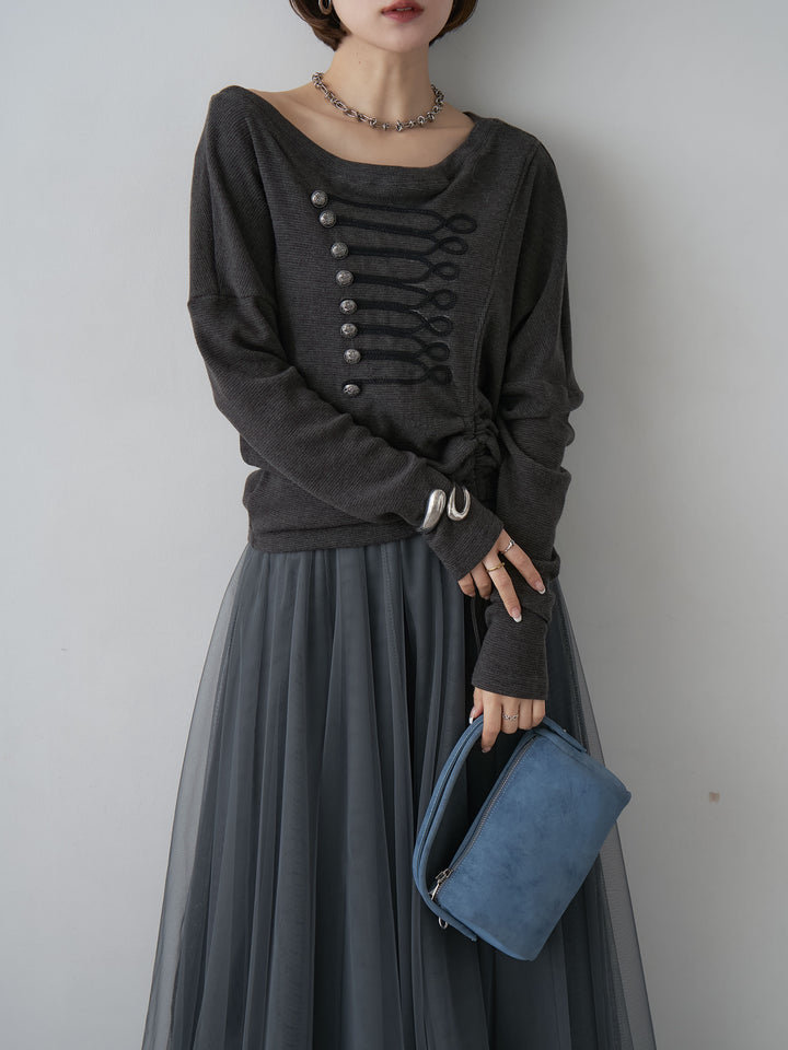[予約]ナポレオンサイドギャザーワイドネックトップス/gray