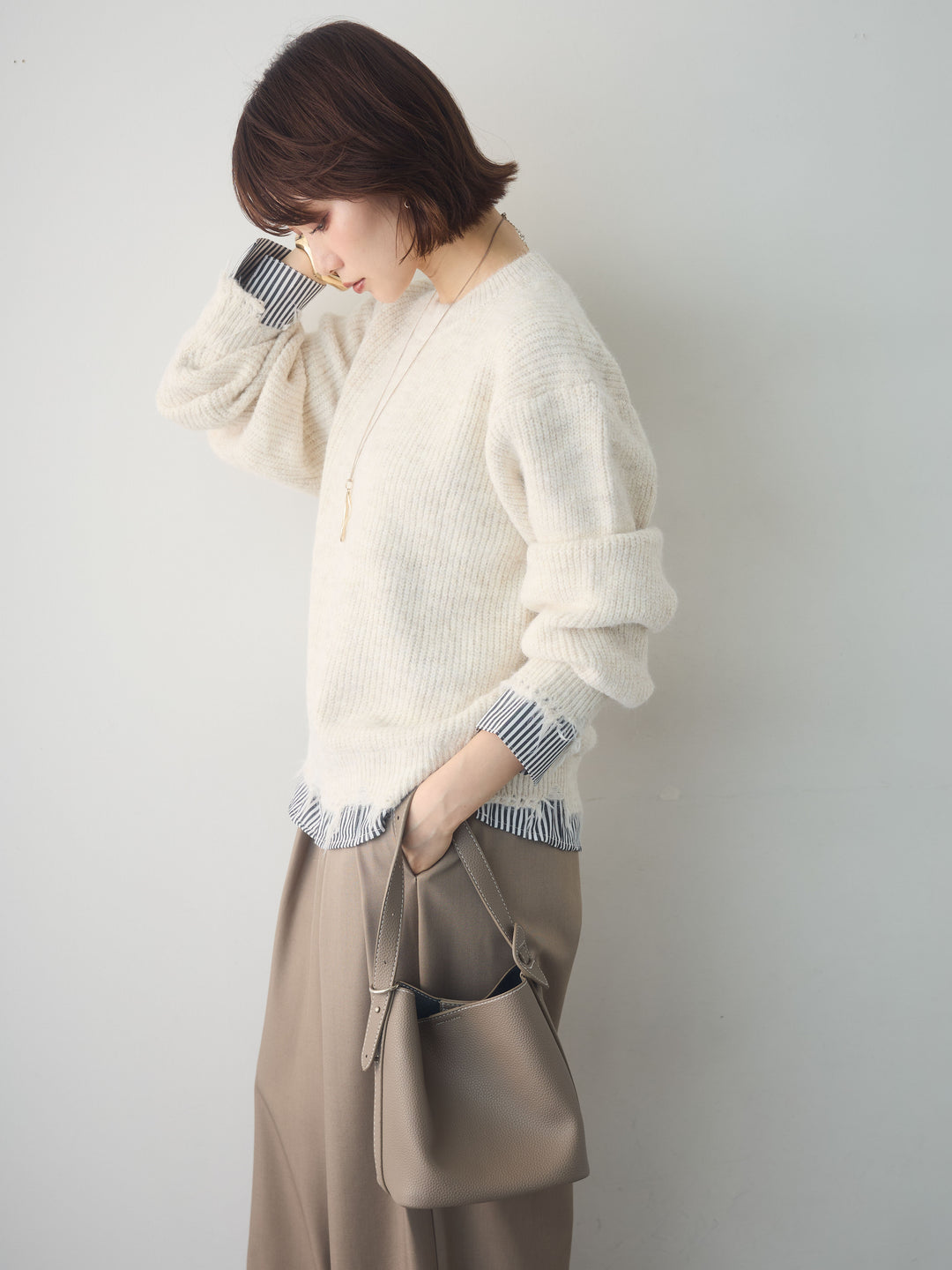 [予約]シャツレイヤードデザインモヘアプルオーバー/ivory