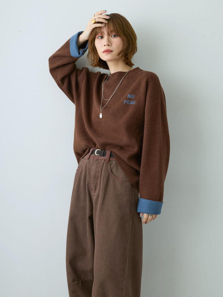 [予約]アルパカタッチバイカラーニットトップス/brown