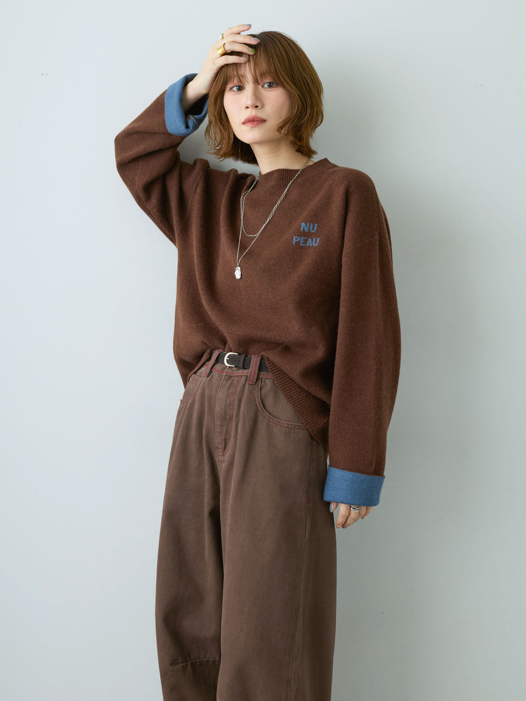 [SET]アルパカタッチバイカラーニットトップス+カラーステッチワイドパンツ(2set)