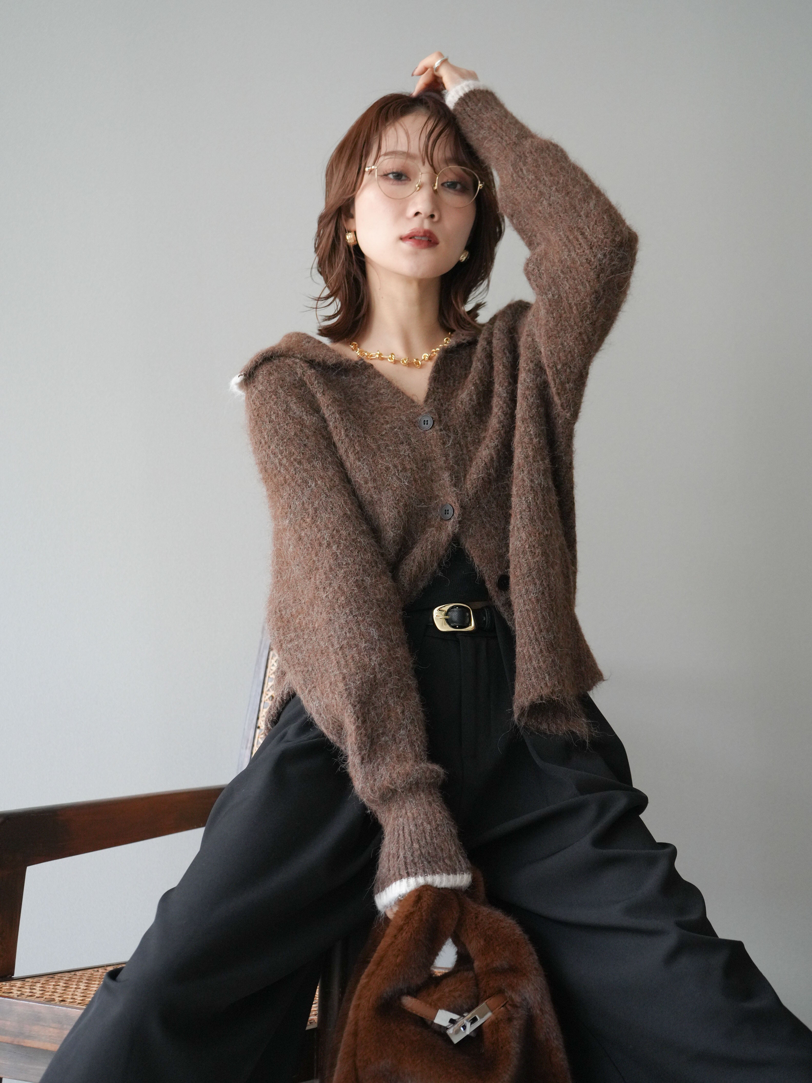予約]襟付きバイカラーミックスニットカーディガン/brown – Lumier