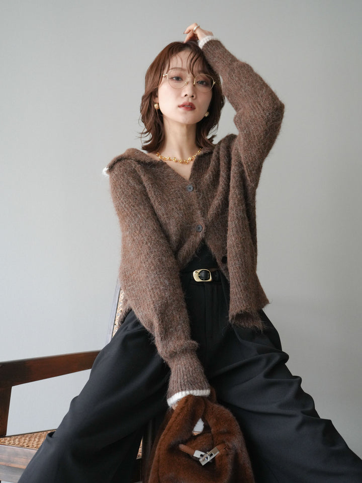 [予約]襟付きバイカラーミックスニットカーディガン/brown