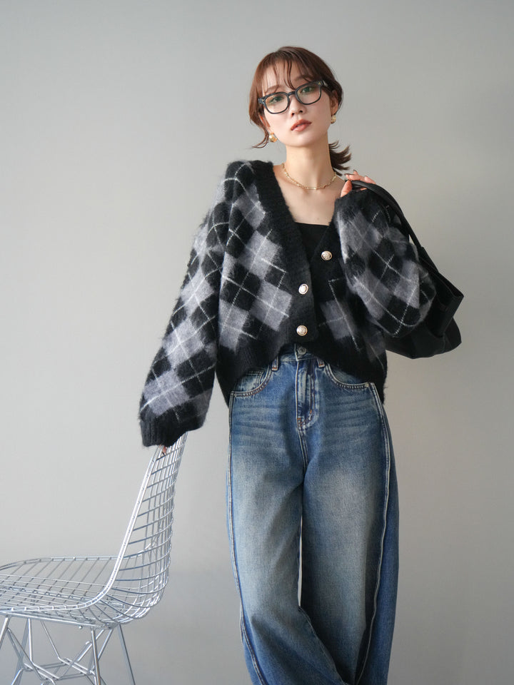 [予約]アーガイルシャギーニットカーディガン/gray