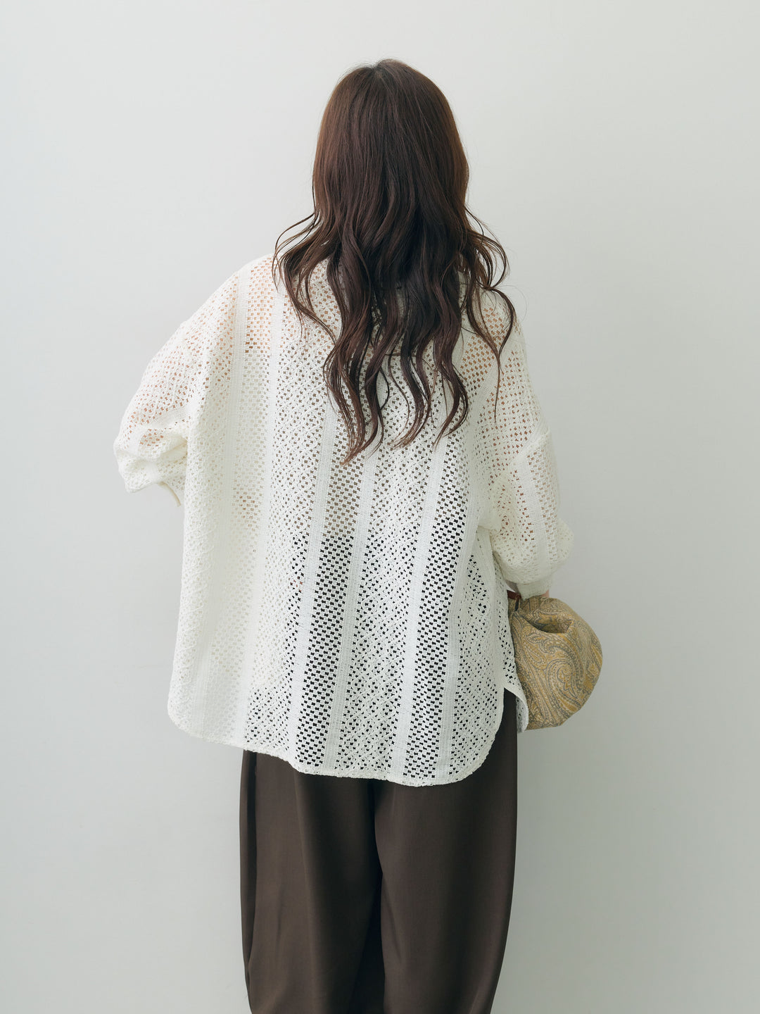 【套裝】鏤空鉤編蕾絲襯衫+下擺紐扣褶繭型褲（兩件套）