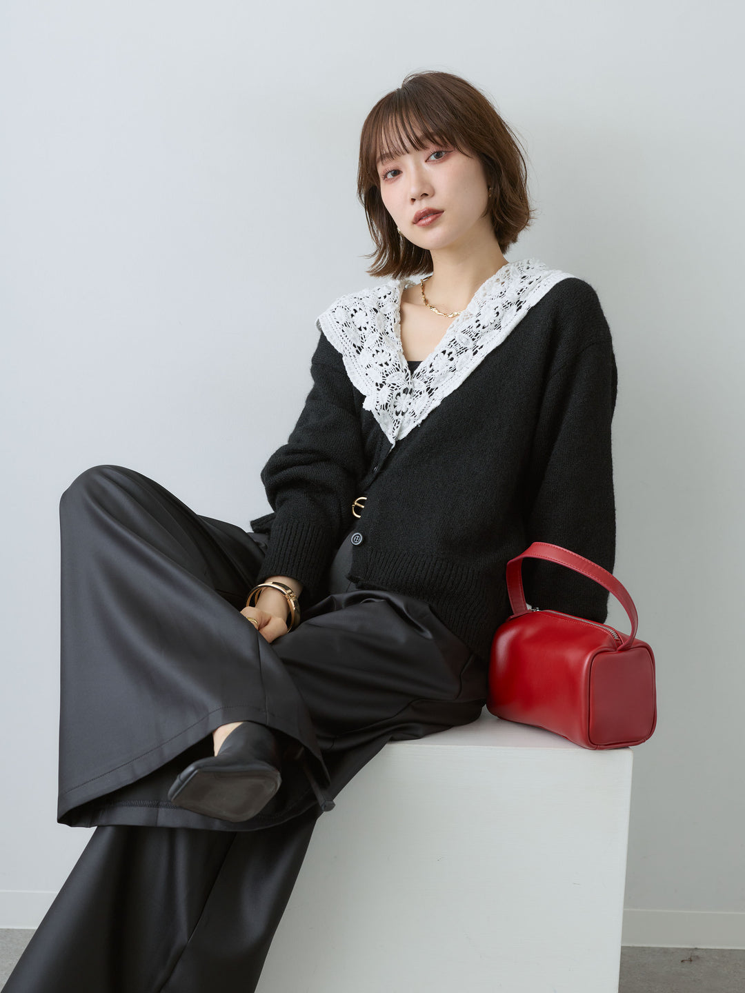 [SET]モヘアレースショールカラーカーディガン+選べるアクセセット(2set)