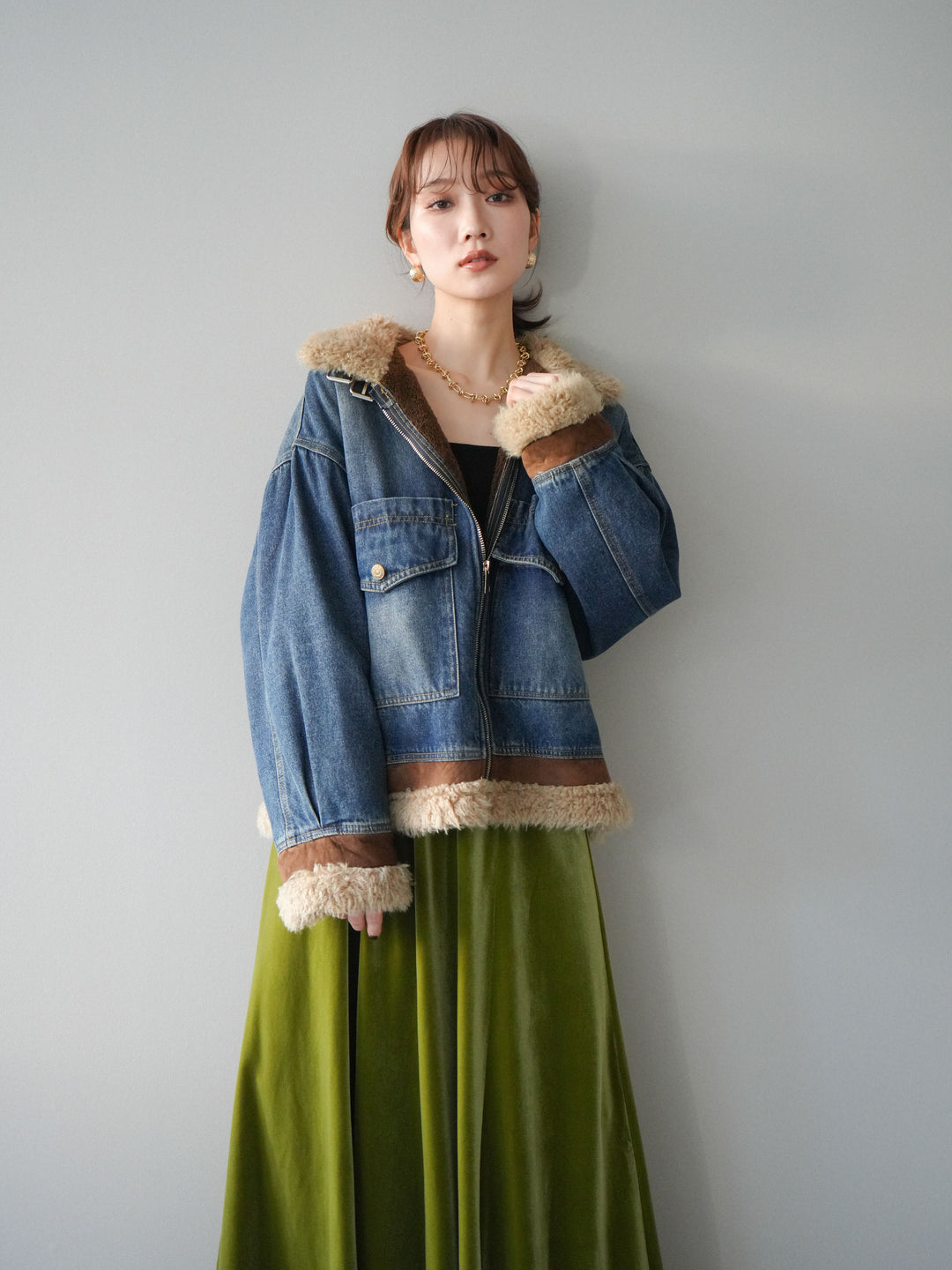 [予約]スタンドカラーファー×デニムジャケット/blue