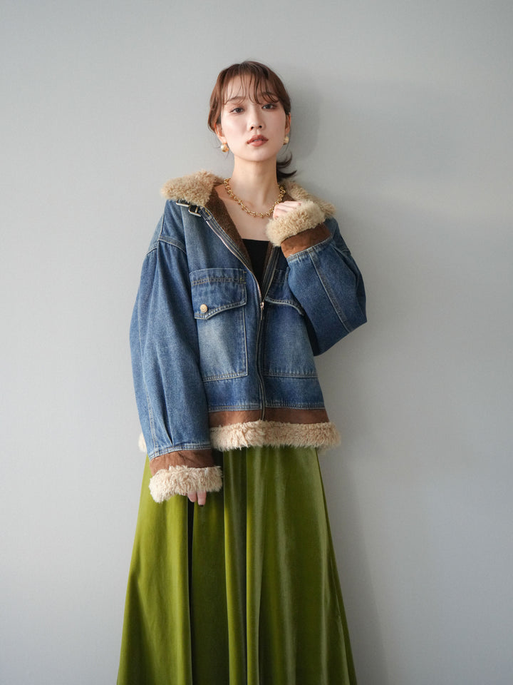 [予約]スタンドカラーファー×デニムジャケット/blue