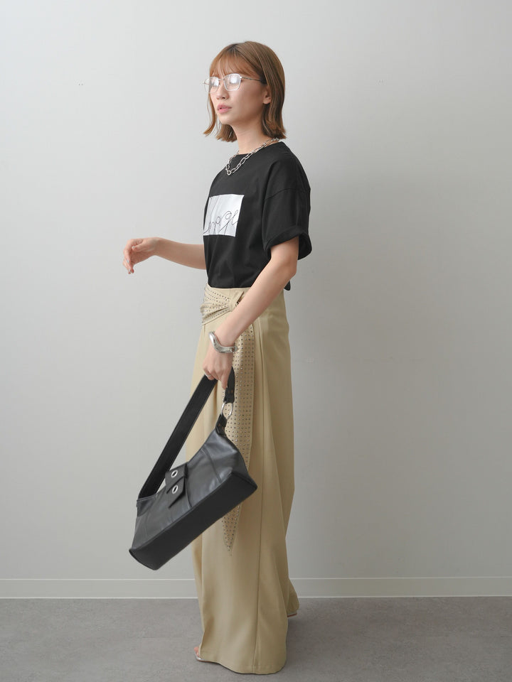 [SET]箔プリントボックスTEE+ビジューベルトタックワイドパンツ(2set)