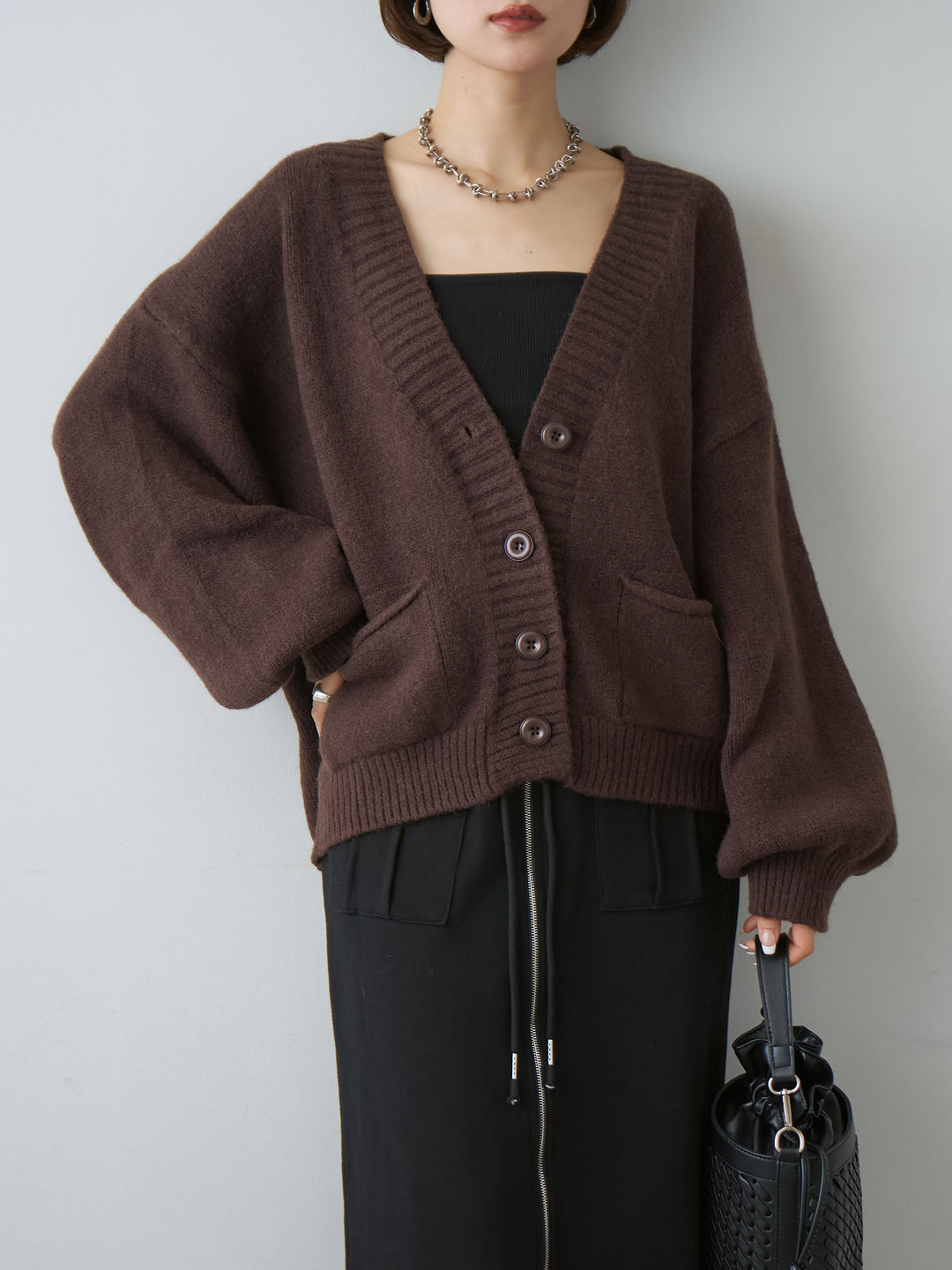 [SET]ダブルポケットオーバーニットカーディガン+フロントZIPポケットデザインスウェットスカート(2set)