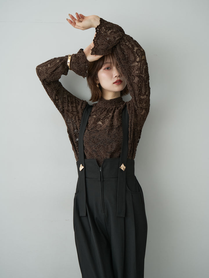 [予約]ベロアレースバックリボンブラウス/brown