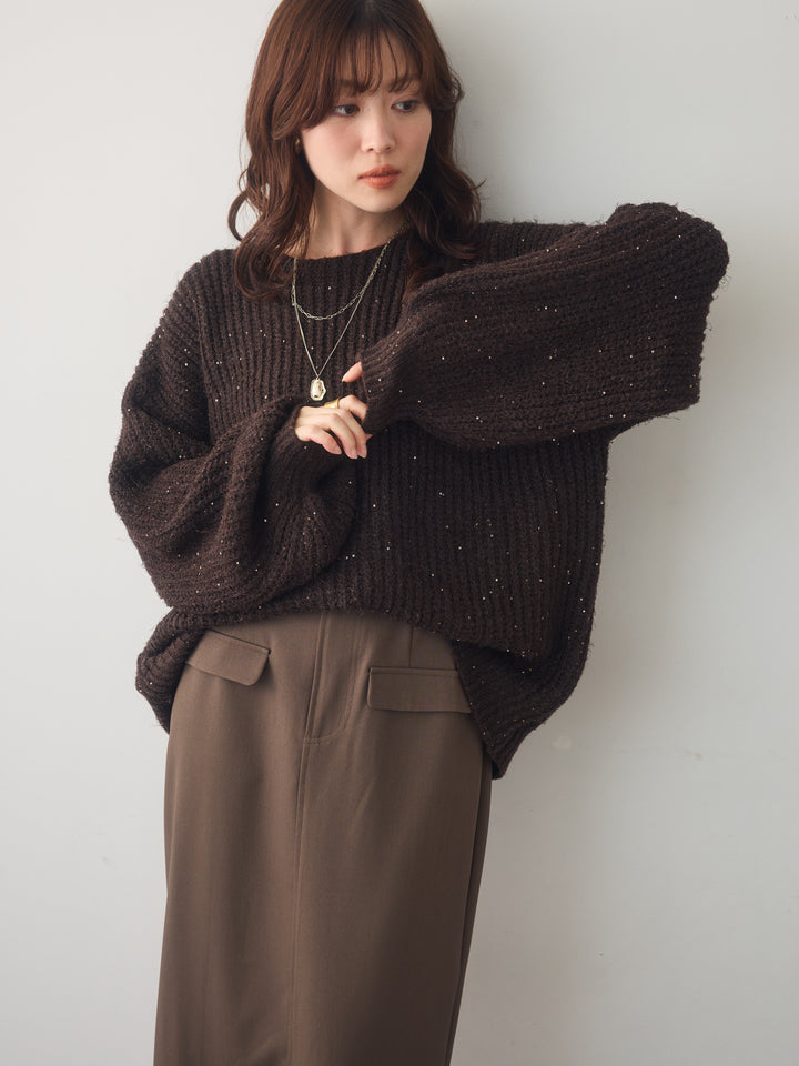 [予約]バルーンスリーブスパンリブニットトップス/brown