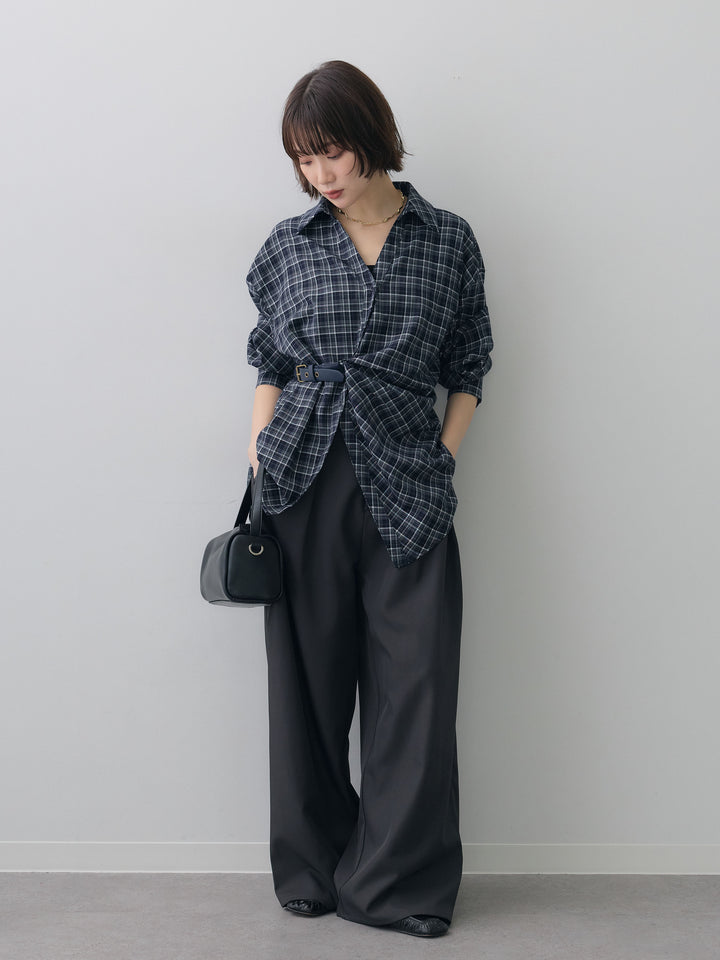 [SET]ベルテッドドレープシャツ+ツイルタックワイドパンツ(2set)