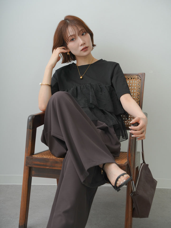 [SET]オーガンジーフリルドッキングTEE+ベルトループデザインワイドパンツ(2set)
