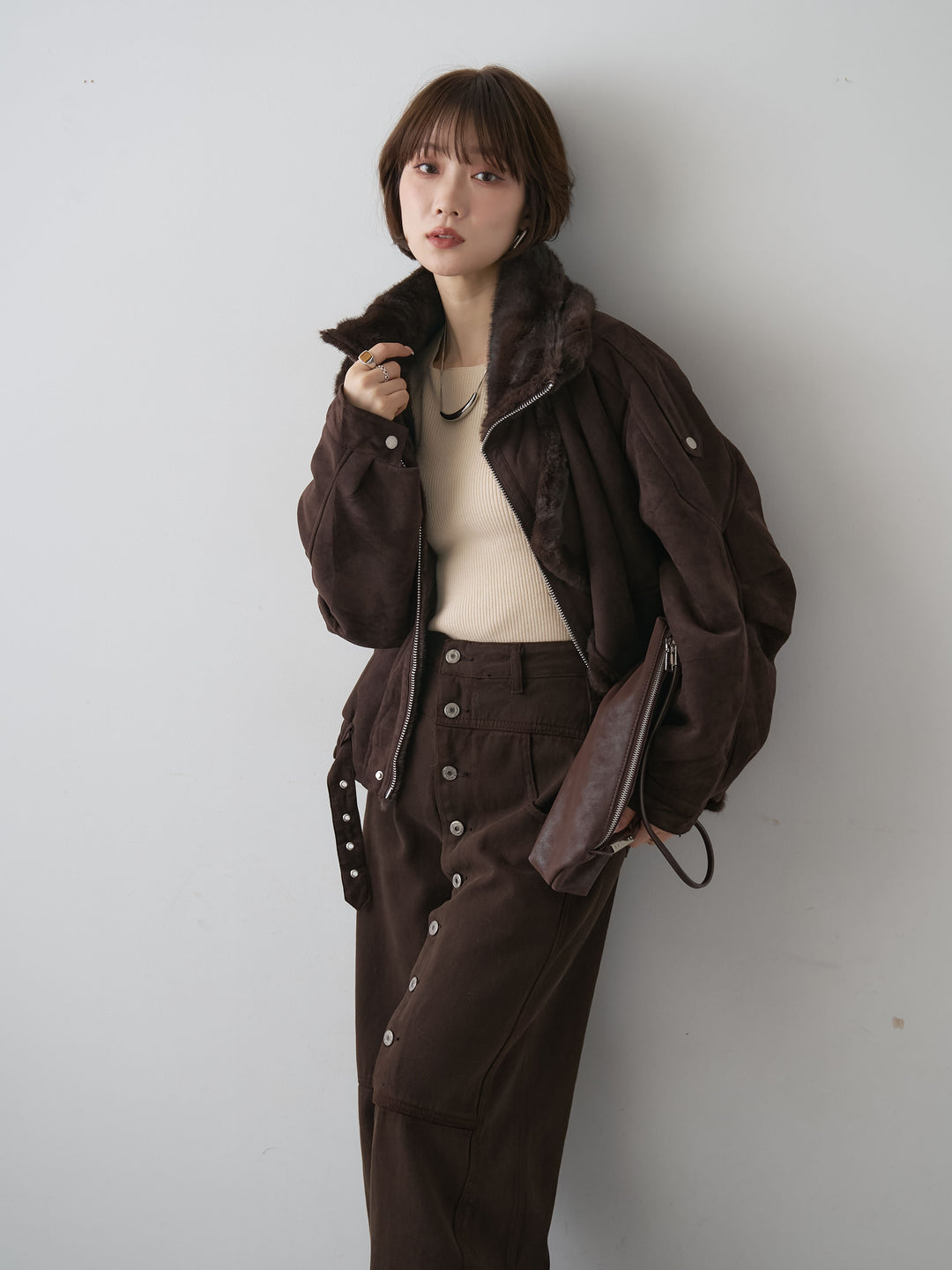[SET]ファーライナーダブルカラーブルゾン+スクエアネックリブニットトップス+アシメボタンカーブワイドデニム(3set)