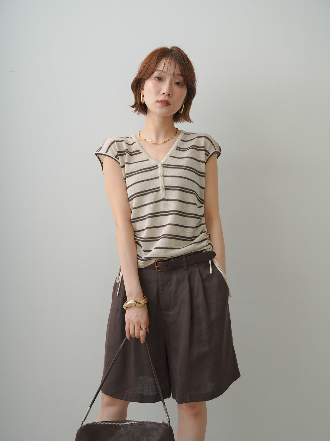[予約]サイドギャザーボーダーVネックニットノースリトップス/beige