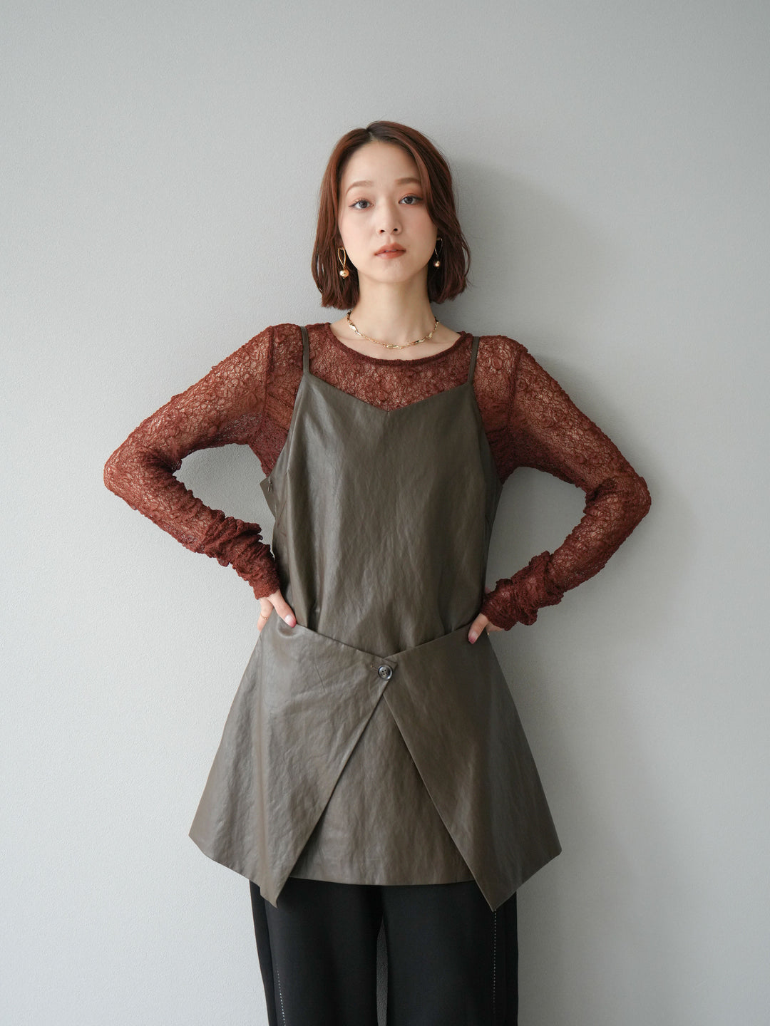 [予約]レイヤードレザーキャミソールチュニック/ブラウン