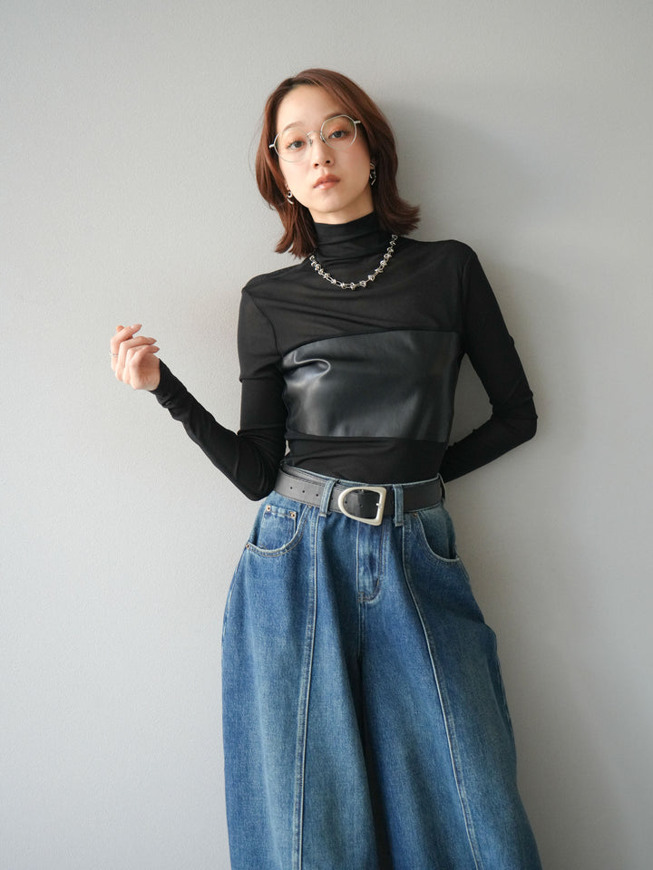 [予約]レザー切替プチネックシアートップス/black