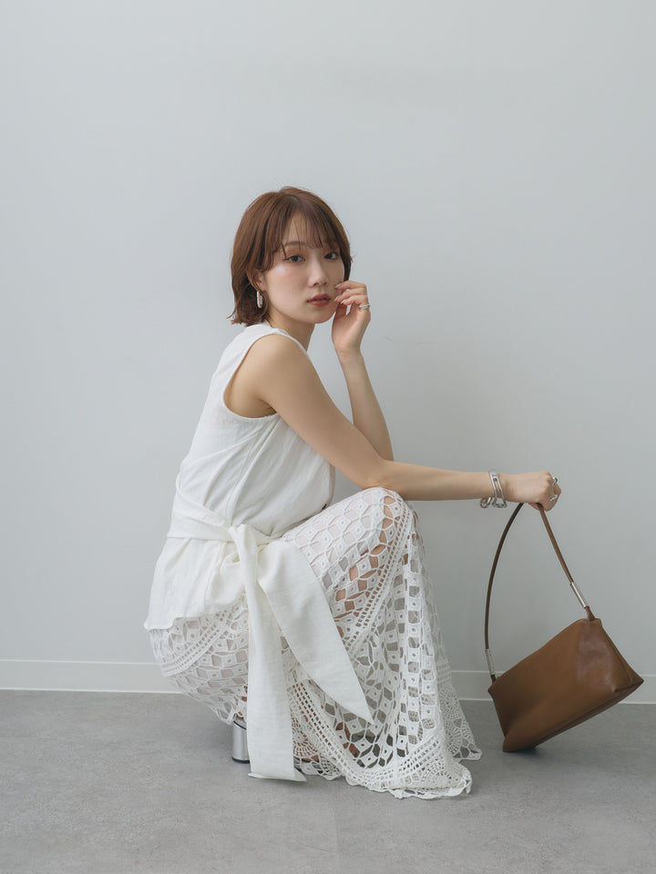 [SET]巻きデザインノースリブラウス+クロシェレースIラインスカート(2set)