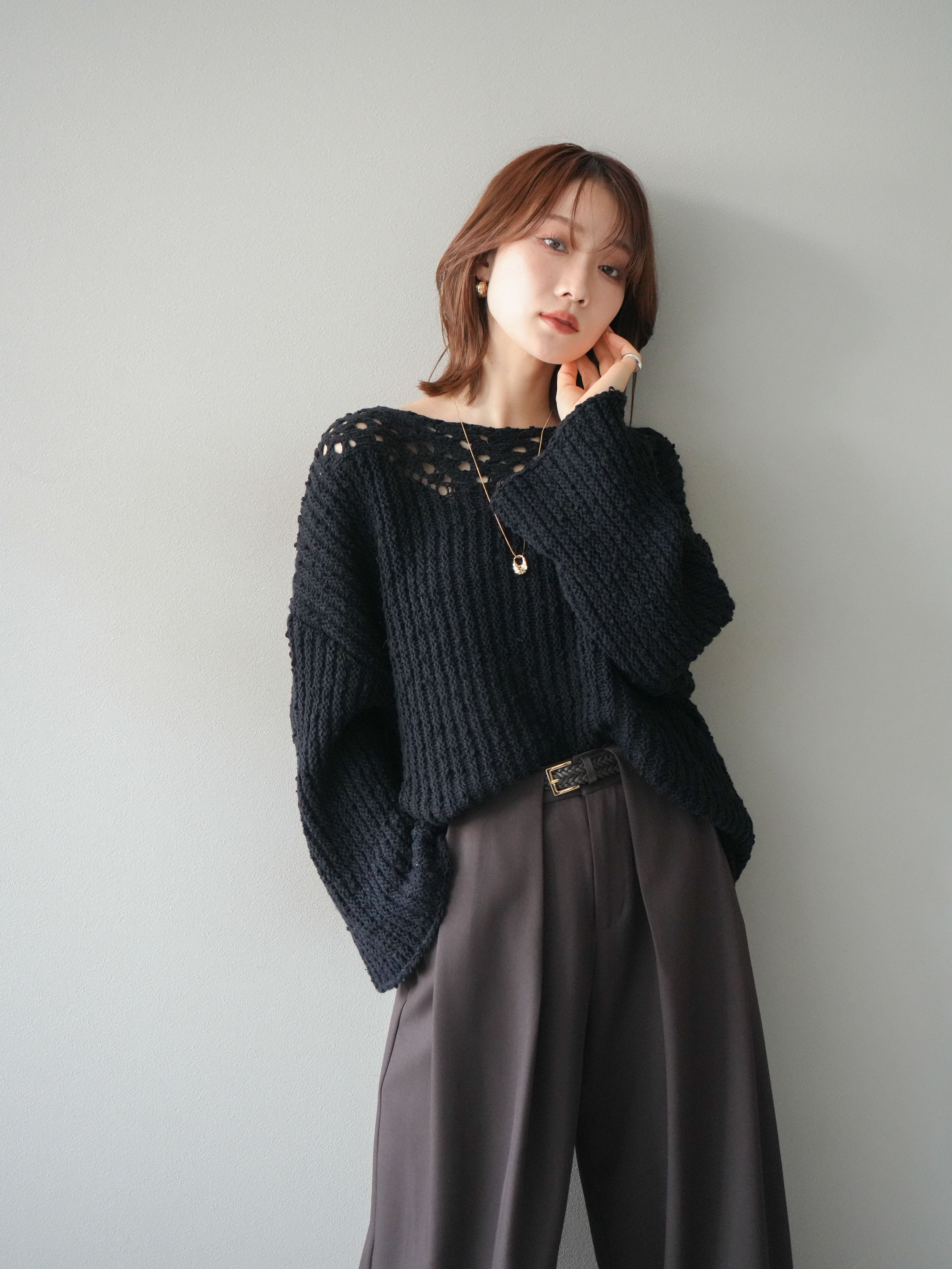 予約]ボートネック透かし編みニットプルオーバー/navy – Lumier