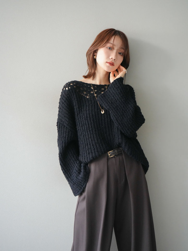[予約]ボートネック透かし編みニットプルオーバー/navy