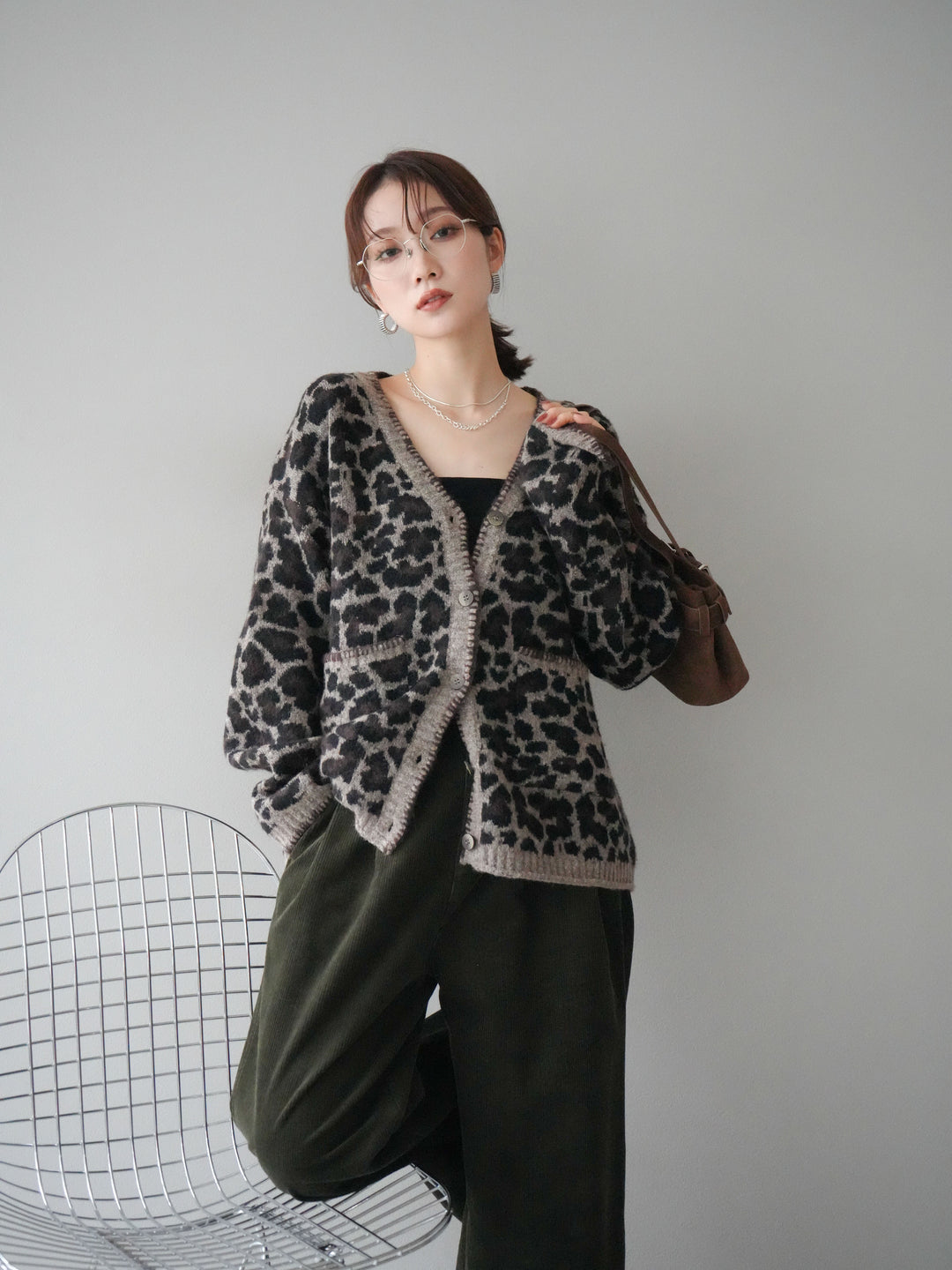 [予約]アニマル柄ステッチニットカーディガン/brown